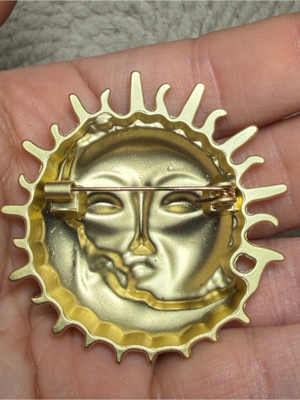 Sun Moon Brooch Gold Tone Celestial Face Pin 2 inches - Picture 5 of 8